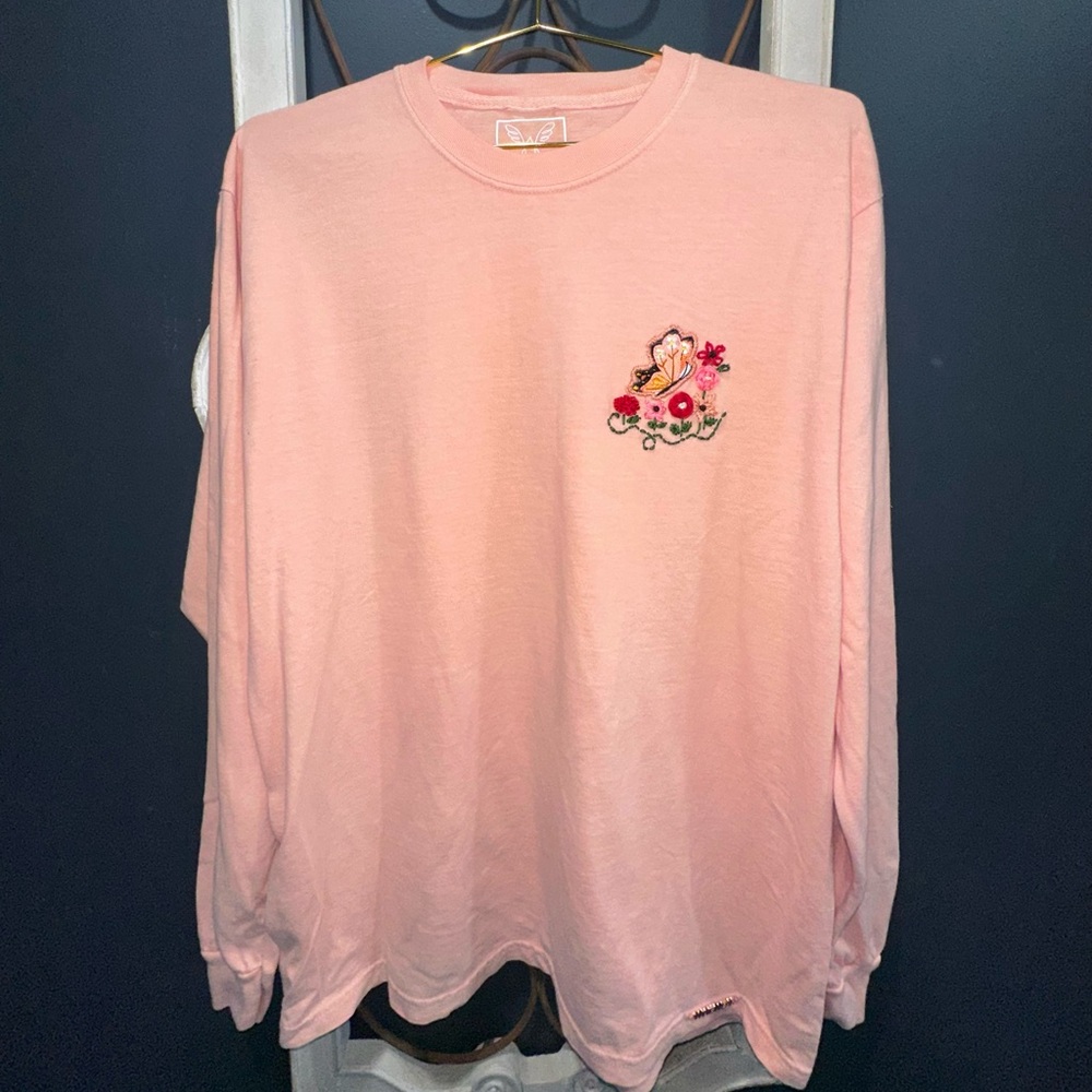 Women's Pink Long Sleeve Tee with Floral Embroidery